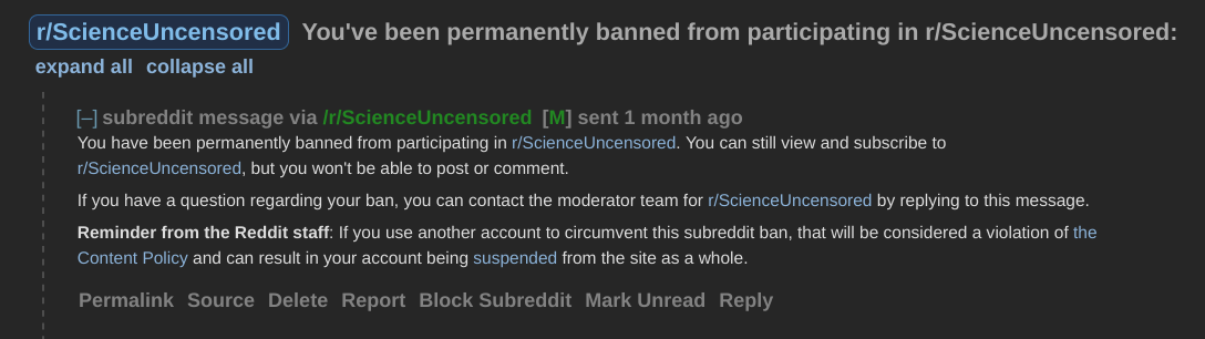 Subreddit ban message