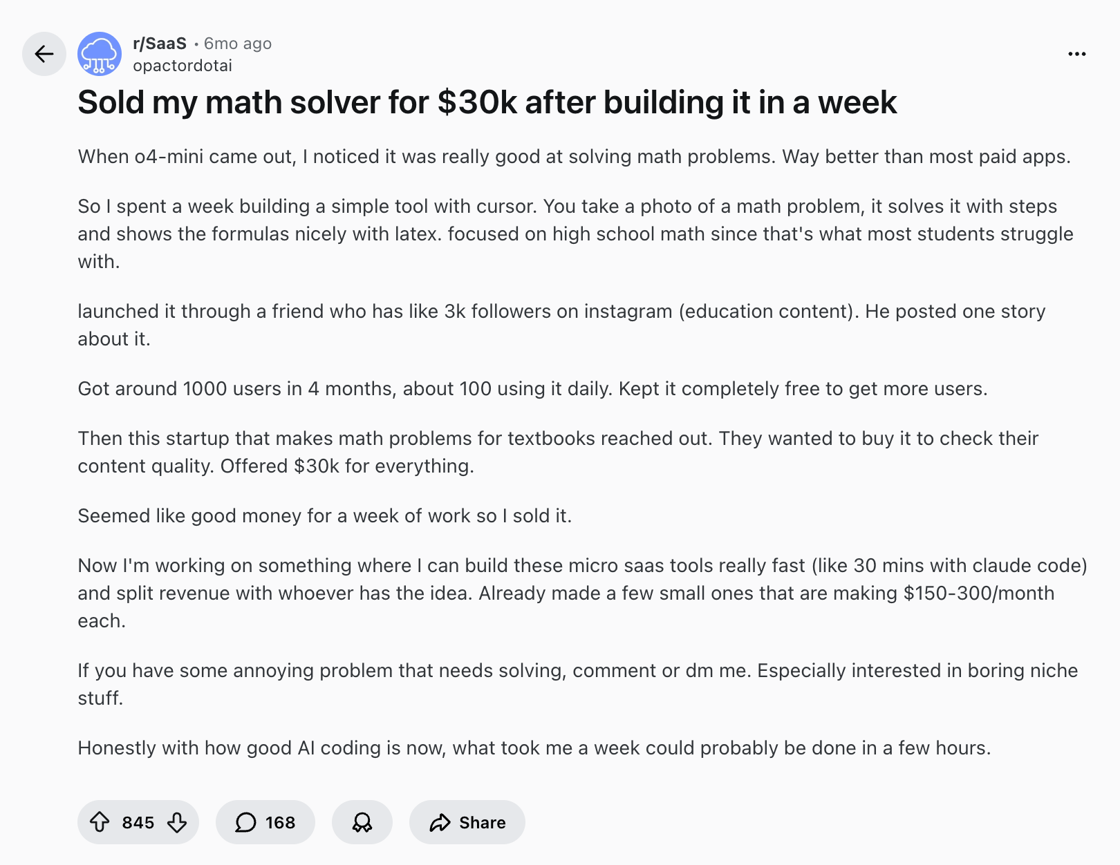 Example of a success story post on Reddit