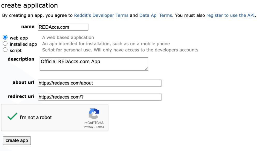 creating reddit apps with api dev account