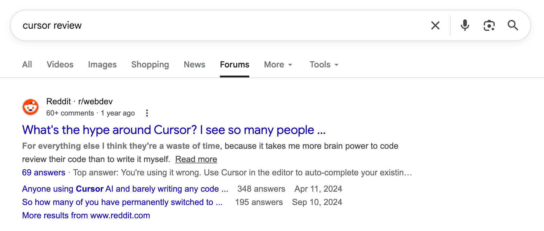 The forum filter on Google search results